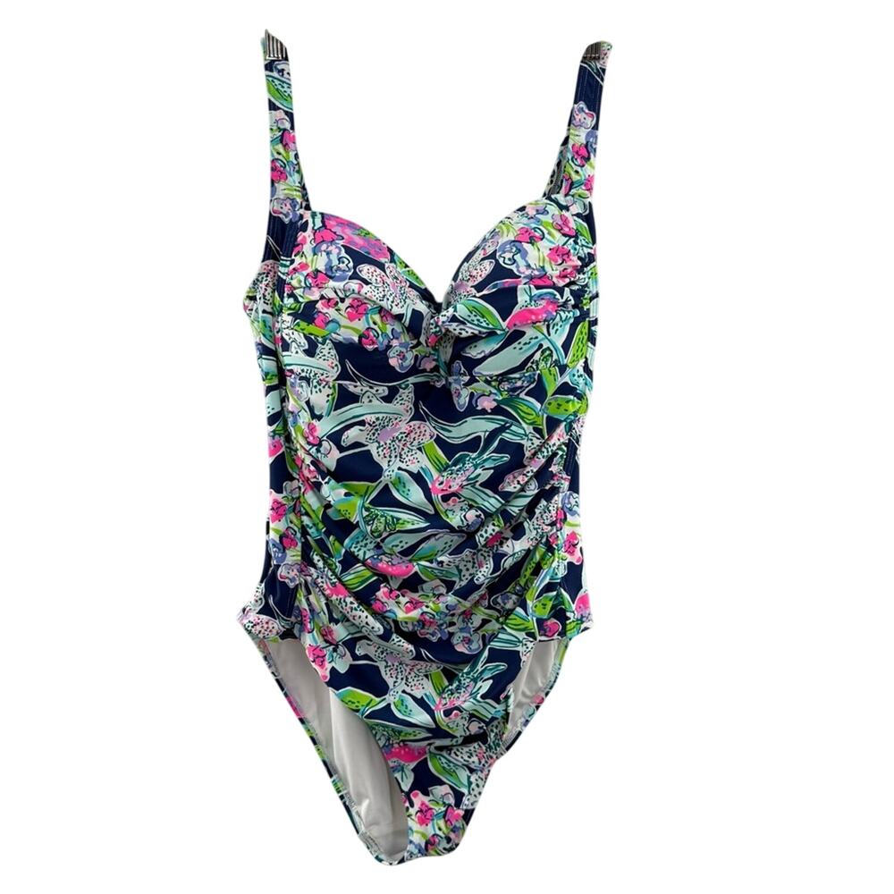 Nip Tuck Swim Multi Fit Cup Tropical Print Ruched Slimming One Piece Swimsuit 10